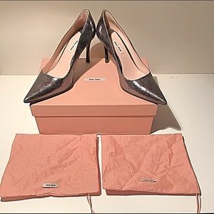 Miu Miu Gunmetal crinkle patent high heel pump